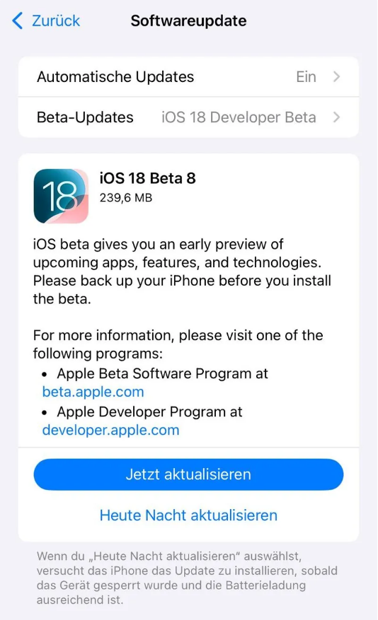 石台苹果手机维修分享苹果 iOS / iPadOS 18 开发者预览版 Beta 8 发布 